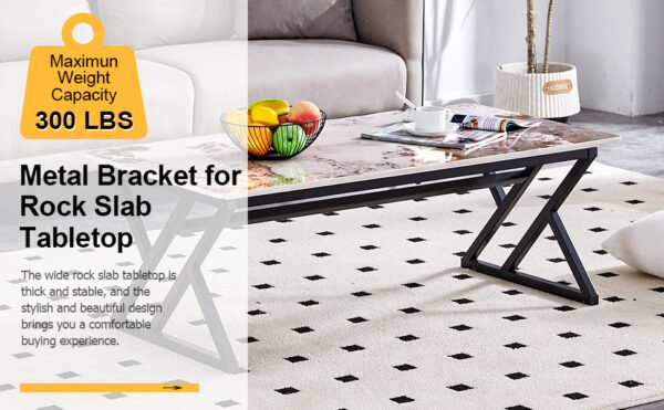 8434c7b7da574ec89215077f8df34507_3c73f1f01a74e0a2382c0c2140b30513 A coffee table is made of rock slab material, with a natural and smooth marble pattern on the surface, which complements the modern design of the black metal legs and adds a touch of fashion.47*23.6