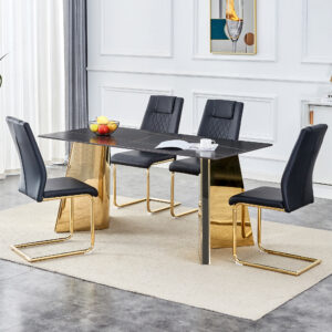 Table and chair set.63"x31.5x30"Black Texture With Lines Patterned Sintered Stone Table with Golden Stainless Steel Butterfly Legs.Paried With 4 Black High-quality PU Chairs With Golden Metal Legs.