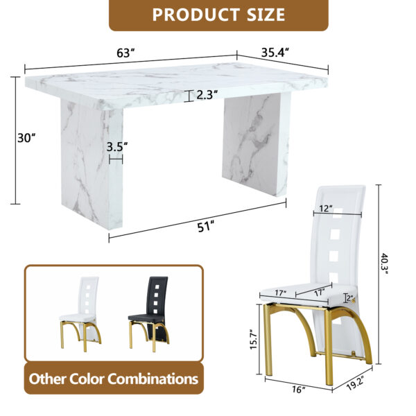 843d0b160a544321a8bedd7ea6670f5a_d48b50f142d6ebece20deb91961bed8f Table and chair set.63"*35.4" White Imitation Marble Pattern MDF Dining Table Set - 4 PU Chair With White Saddleback, Geometric Pattern Backrest,Golden Curved Metal Leg.Suitable For Various Scenes.