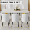 Table and chair set.The table has a glass top with imitation marble pattern stickers and stainless steel golden legs. Paried with chairs with PU artificial leather backrest cushions and black legs.