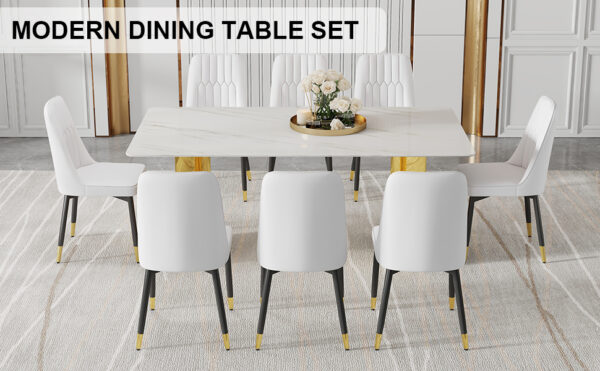 844f0388b00d4ed0a4960e21620e1f53_1c76014dc13c535f07d9d64f562e2a31 Table and chair set.The table has a glass top with imitation marble pattern stickers and stainless steel golden legs. Paried with chairs with PU artificial leather backrest cushions and black legs.