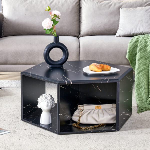 8462849cbc084415a062304fce1f3acf_b4d1208fd7bf8cbf7ccb856b49364076 Hexagonal MDF coffee table, characteristic pattern stickers, multi-hole design to give more storage space, simple and convenient design makes it suitable for all kinds of style scenes.