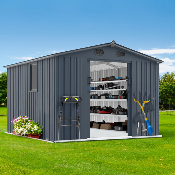 846714d7f0ef43ce8f238de879f79f8c_c494cf47b5f4137c8743e192173c5d0c 8x10 FT Outdoor Storage Shed, Large Metal Tool Sheds with Window and Lockable Doors, Garden Shed for Backyard Garden Patio Lawn, Dark Grey