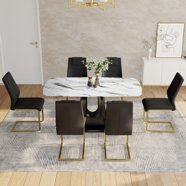 Table and chair set, modern and minimalist dining table, imitation marble patterned tabletop, MDF legs with U-shaped brackets. Paired with comfortable chairs, suitable for dining and living rooms.