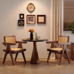 Set of 2 Modern Mid-Century Dining Chairs in brown, featuring rattan backrests and comfortable armrests, suitable for indoor and outdoor use.