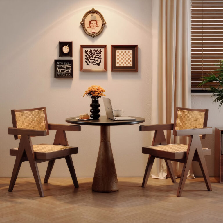 Set of 2 Modern Mid-Century Dining Chairs in brown, featuring rattan backrests and comfortable armrests, suitable for indoor and outdoor use.