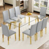 Table and chair set.71 * 35.4 inch rectangular dining table.Tempered Glass Tabletop,Golden 7-shaped Metal Table Legs.Paried With 8 Light Gray PU dining chairs, Golden Metal Legs.Simple and versatile.