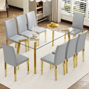 Table and chair set.71 * 35.4 inch rectangular dining table.Tempered Glass Tabletop,Golden 7-shaped Metal Table Legs.Paried With 8 Light Gray PU dining chairs, Golden Metal Legs.Simple and versatile.