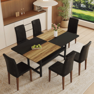Table and chair set.71*35.4 inch Wooden And Black Spliced Dining Table With Storage Function In The Middle Of The Table Legs.Paired With 6 Black PU Dining Chairs, Simple And Versatile.