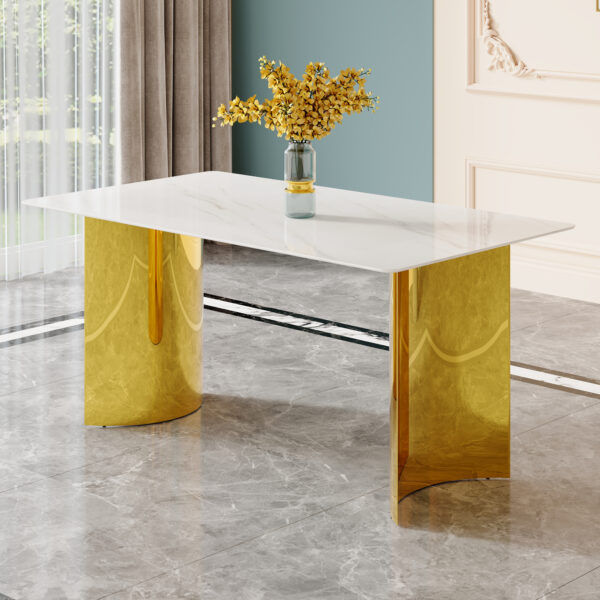 8529d07ec5c04ed4ba1556f77e098014_63440fc353d9b6b03e5ad2783318940d Modern minimalist dining table. White imitation marble glass sticker tabletop, golden table legs, stable and beautiful. Suitable for living room and dining room 63" *35.4" *30 DT-69