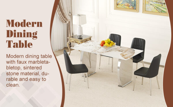 854a5e607b30410eb369fe5d47ee01dc_46f49ae15163e25d85175aebb588dd7e Table and chair set.63*31.4 Inch Pandora Patterned Sintered Stone Dining Table Set - 4 Black Chairs With Silver Metal Legs.Modern Light Luxury.Perfect For Dinner Room,Meeting Room,Kitchen,etc.
