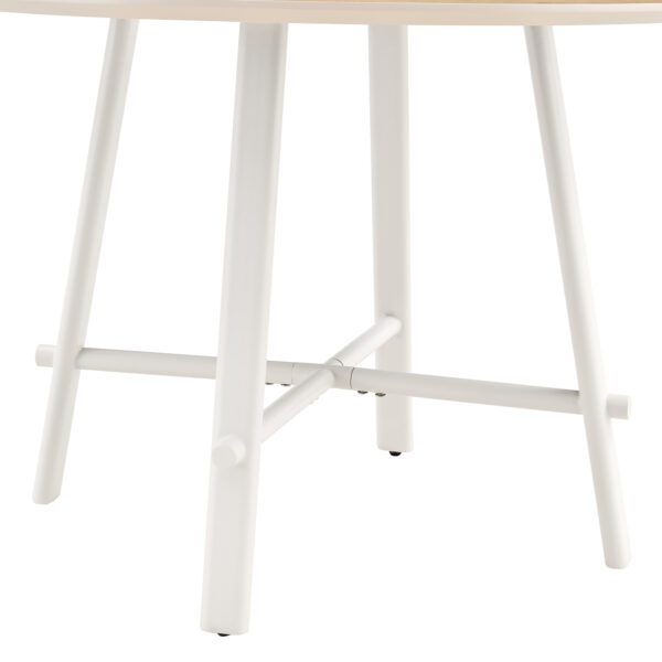 8553756a24924fdaa2736cc68b470cd0_b0386c43393371530c34a806de5302da A modern and minimalist circular dining table with a 42 inch diameter wood colorer patterned tabletop and white metal legs. Suitable for restaurants, living rooms, and conference rooms.