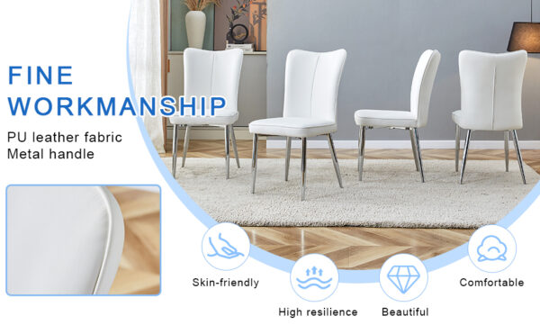 855832a302a24f208d4fb0191f860c39_ce22711fcf3d6735525eeb7d4c7a1ac1 Table and chair set.Elegant Transparent Tempered Glass Dining Set - 71"x35.4" with 8 White PU Chairs with a vertical stripe design on the backrest.