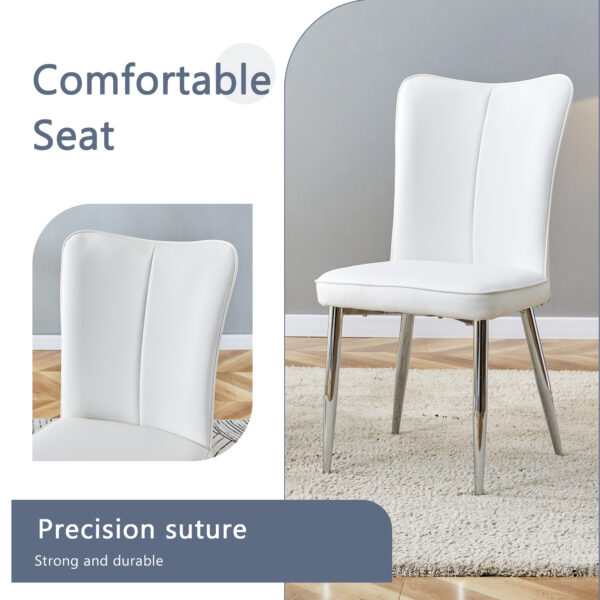 855a56e9953141ac902453e40d727bd3_5b137faf01cbf605e8b7e75fc25b37eb Table and chair set.63"x31.5x30" Black Marble-Patterned Slabs Tabletop with Stainless Steel Butterfly Legs.Paired with 4 white PU dining chairs with a vertical stripe design on the backrest.