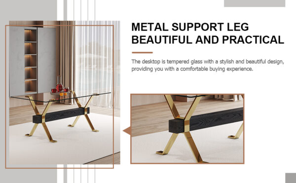 856474456da44a2c93caf08d921ba373_6d9395d0978acfd899e778be36996b18 Table and chair set.Elegant Transparent Tempered Glass Dining Set - 71"x35.4" with 8 Light Gray PU Chairs with golden C-tube metal leg.X-shaped Golden Metal Table Legs,Black Textured MDF Crossbeam.