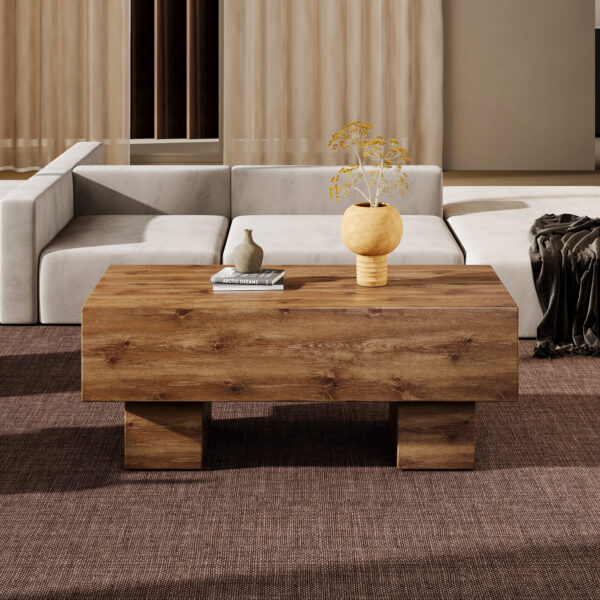 857bb45a23d8488fa9f43389cf9729b6_cab2382b890c3251a0fd68229a50ecd8 This modern rectangular coffee table features a stylish wood color, making it an ideal addition to any living room or apartment, and measures 43.3 "x 21.6" x 17.2 ".W1151P168335
