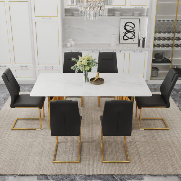 85b88e952ab64085b1411637420be67d_6c94696ad2d277b33e7b510500194ed8 Table and chair set.The table has a glass tabletop with imitation marble pattern stickers and stainless steel golden table legs. Paried with comfortable chairs with PU seats and metal legs.