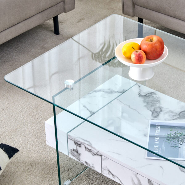 85ec28f6c05d49da91604e9814e64e7b_a49a618f9bbcec15504f796c8e49c105 43.3 Inch Modern Two-Tier Coffee Table - Clear Tempered Glass and White Marble Texture, Multifunctional Storage Design.The bottom tier includes a drawer.Can be used as a coffee table,side table,etc.