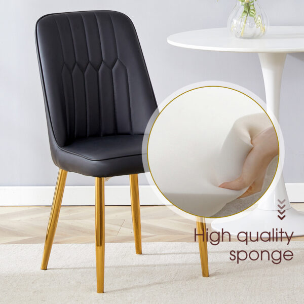 85ec929178bb4953b05370ef11868a7e_39c4c1a059edfd6ac26a78fccf80f794 Table and chair set.Luxurious Snow Mountain White Slab Round Dining Table Set - 47"x47" with 4 Black PU Chairs with Simple Line Designs On The Backrest .Golden Metal Legs.