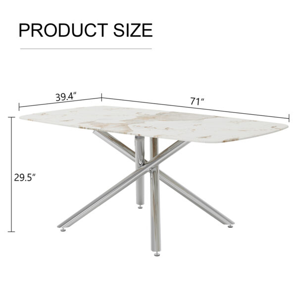 85f79f366be24be4b55559f76443c78f_0cf83c44c22e8760513d59f89d073f95 Large modern minimalist rectangular dining table with 0.39 "imitation marble tabletop and silver metal legs, suitable for kitchens, restaurants, living rooms, conference rooms.W1151S00986