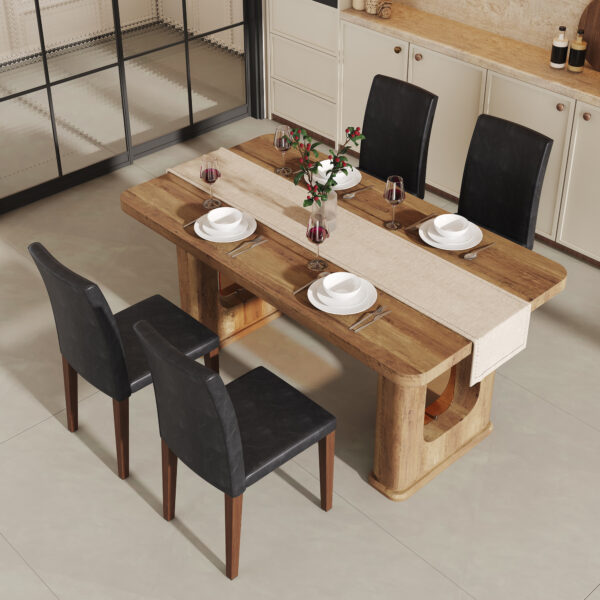 860b1519bf6241679b389d63582192ec_9ee2c86d4e04701b06a3a1ba4d12f926 Table and chair set.64.5 x 35.4 Inch Stylish Wood Color Textured Dining Table.Perfectly Blending Simplicity And Transparency.Paried With 4 Black PU Dining Chairs with Walnut Color Metal Leg.