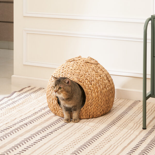 8639825b8da14ede85f3b3b8cd3e5e0b_20240320_49b43e97f2cf856476c975facca055ff Gertrude Water Hyacinth Woven Wicker Round Cat Bed Cave with Handles - 18" x 18" x 18" - For Any Size Cat Breeds, Chihuahua and Use with Cat Tower