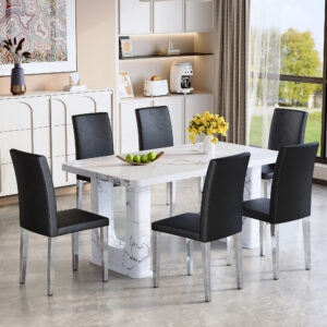 Table and chair set.64.5x35.4 Inch Stylish White Marble Textured Dining Table.Paried With 6 Black PU dining chairs, Silver Metal Legs.Simple and versatile.High Elasticity Sponge Filling.