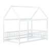 Twin Size House Floor Wooden Bed with Roof Frame,Safety Guardrails,White