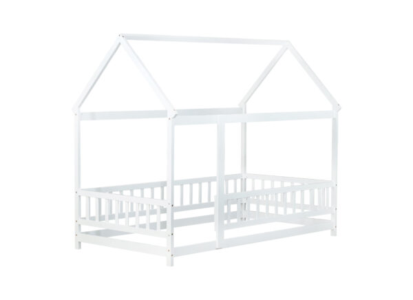 Twin Size House Floor Wooden Bed with Roof Frame,Safety Guardrails,White