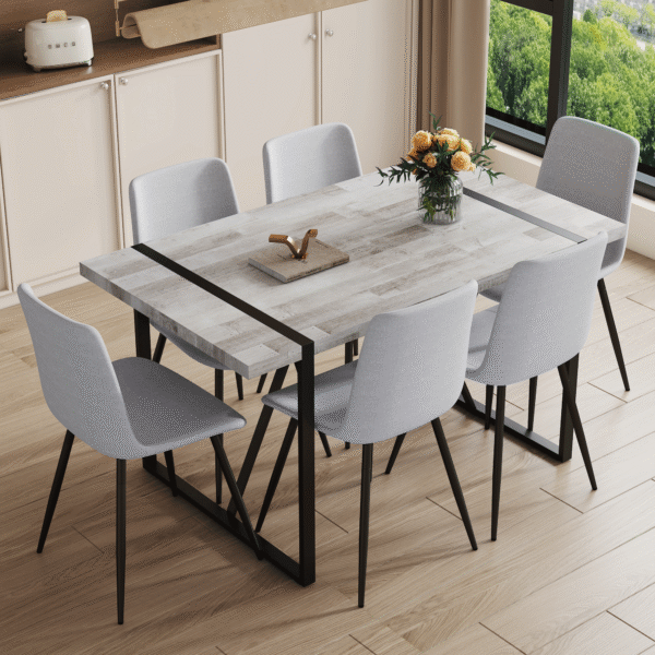 8657765d81ee4b49b059187589774a29_e69907d8a1f35a4ffbf29249f582cea5 Table and chair set.A minimalist retro rectangular dining table with a textured top and black metal legs.Paired With 6 Light Gray Linen-Cotton Dining Chairs With Curved Widened Cushion Design.