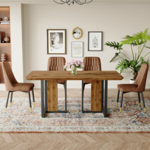 Table and chair set.67"x36" Wood-Textured MDF Dining Table Set with 4 Brown Suede Chairs.MDF sticker,Wood colored texture sticker,Brown armless dining chair,Suitable for kitchen,Dining room,etc.