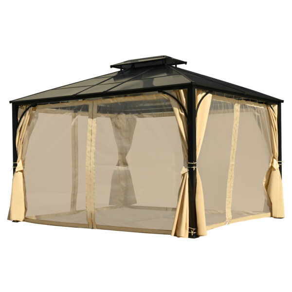 TREXM 10'x12' Hardtop Outdoor Gazebo, Heavy Duty Double Roof Patio Gazebo with Aluminum Frame, Double-Layer Side Walls Mosquito Netting & Privacy Curtains for Patio, Garden, Backyard (Beige)
