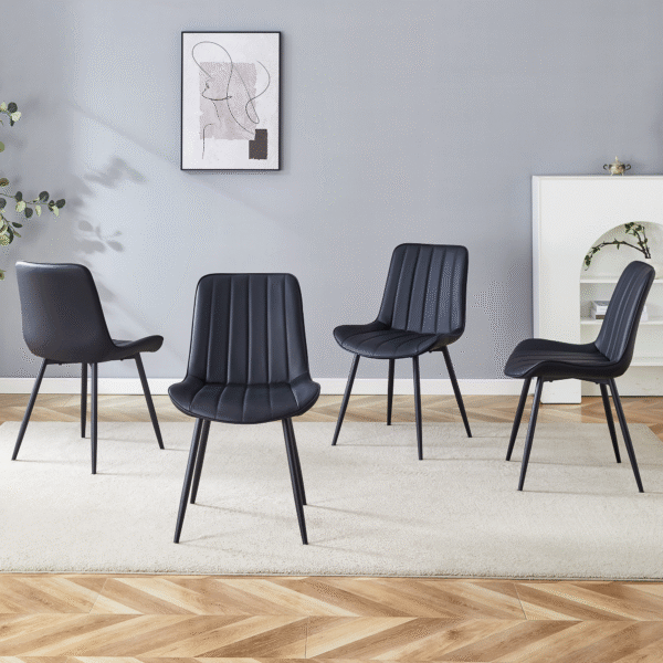 868ca69361e7444393348ba51f3e96ca_41501ec3bde32eba49e7291309b9365b Extended Seat Cushion PU Black Dining Chair Set - Four Pieces,Ergonomic Design.Smooth line design,Integral metal leg structure,Can integrate well into various modern home decoration styles.