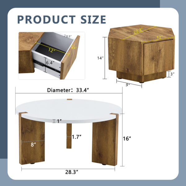 869a91f679f54fad8f77423912f03fdd_05a46457e0304c038597b91c94682950 Fashionable and versatile MDF material coffee table set, unlocking a new style in the living room.All are made of MDF material, with white and wood textured stickers on the surface.