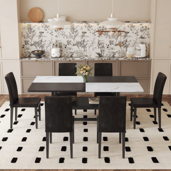 86a2906dd42e4cd3b711351f2c4e0b00_e944ec5f8799ab580fab449ddd380893 Table and chair set.71*35.4 inch White And Black Spliced Dining Table With Storage Function In The Middle Of The Table Legs.Paired With 6 Black PU Dining Chairs, Simple And Versatile.