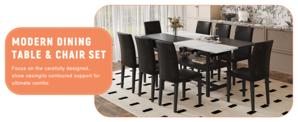 86b2b65e42904bb5b85f4443fbe03605_009cb65e42e5fe37fe037b53444f1c5e Table and chair set.71*35.4 inch White And Black Spliced Dining Table With Storage Function In The Middle Of The Table Legs.Paired With 8 Black PU Dining Chairs, Simple And Versatile.