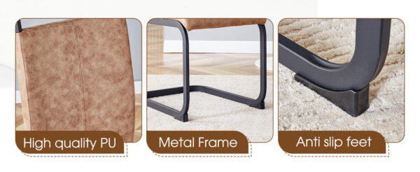 Table and chair set.A retro rectangular dining table with fishbone patterned MDF desktop and black metal legs.Paired With 4 Brown technology fabric chairs with Featuring arched black legs.