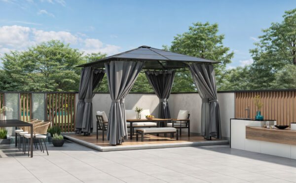 TREXM 10'x10' Hardtop Outdoor Gazebo with Polycarbonate Roof, Patio Gazebo with Aluminum Frame, Mosquito Netting and Privacy Screens for Shade and Rain, Backyard Tent for Backyard, Garden, Lawn (Grey)