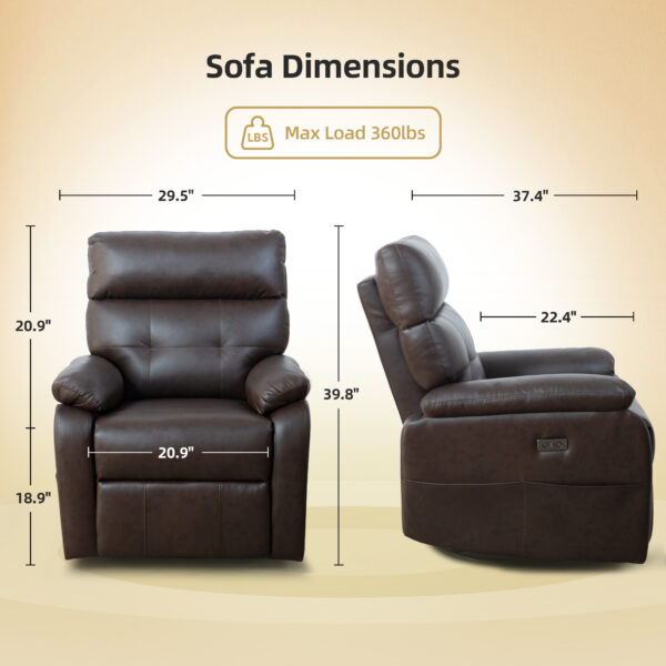Electric Power Swivel Recliner Chair - Oversized PU Leather Massage Recliner with USB/Type-C Charging, 360° Rotation & Rocking Function, Living Room Reclining Sofa ,Dark Brown