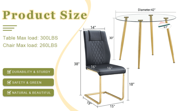 870775b5ff8a4b45ada00d95519a84a3_1777fc6ac186e776fc49e18f23137780 A modern minimalist style round transparent tempered glass table with gold metal legs, paired with 4 modern PU leather high-back dining chairs, bring a luxurious experience.