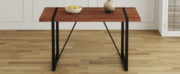 87211c0aab774c02ac70a819dd8bff8b_38c8818142e0b2c35e55849da0790527 Industrial Rectangular MDF Walnut Color Wood Grain Dining Table for 4-6 people with 1.5 inch thick MDF top and black metal legs for desks, kitchens, patios, dining rooms.
