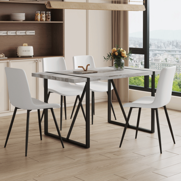 87380123a20d4561b19b4c2777329036_c59a90bac4a521f56366ad05342b641e Table and chair set.A minimalist retro rectangular dining table with a specially textured top and black metal legs.Paired With 4 White Artificial PU Chairs With Curved Widened Cushion Design.