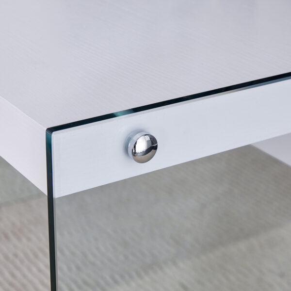 874a5324000a44039e6d29c494c9b1dc_8300236797741a3991b6c3cb71710b52 Table and chair set.White MDF Coffee Table - Reinforced with Tempered Glass Legs.Paired with 4 Dark Gray high-quality PU chairs with silver metal legs.