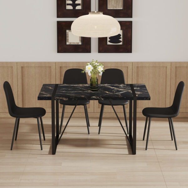 87678234c2b448849237b697faa6cd92_f4e7b561be58bece20680459d731d114 Table and chair set.Modern Black Marble Pattern MDF Dining Set - 55"x31.4" with 4 Cat Claw PU Chairs.Modern Mid-Century Style Upholstered Side Chairs,Spoon Shaped Chairs.Four Chairs per Box.