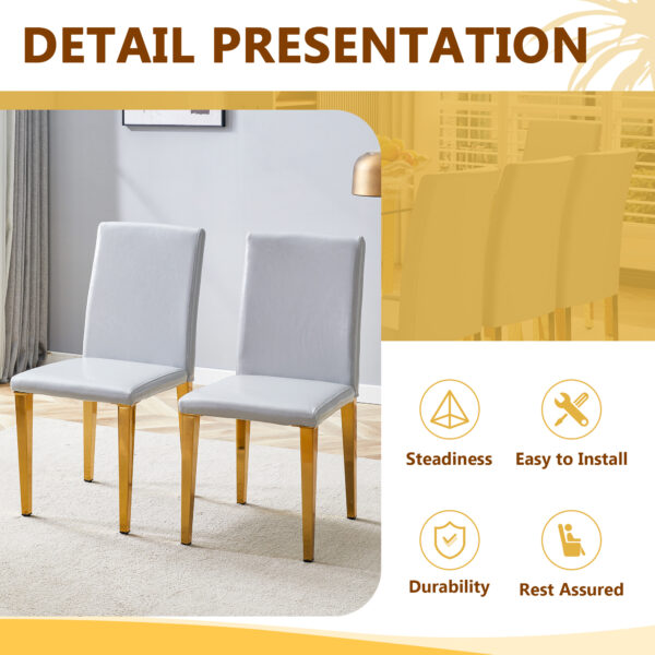 8769930c01264aa9aa8abb4a15980536_2a40ffc13bb8a5f06daf211676144aa6 Table and chair set.71 * 35.4 inch rectangular dining table.Tempered Glass Tabletop,Golden 7-shaped Metal Table Legs.Paried With 8 Light Gray PU dining chairs, Golden Metal Legs.Simple and versatile.