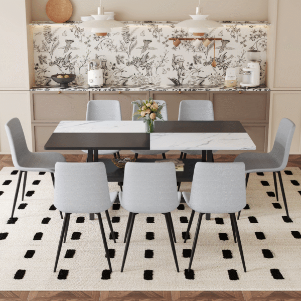 Table and chair set.71*35.4 inch White And Black Spliced Dining Table With Storage Function In The Middle Of The Table Legs.Paired With 8 Light Gray Linen Dining Chairs With Curved Widened Cushion.