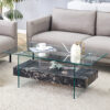43.3 Inch Modern Two-Tier Coffee Table - Clear Tempered Glass and Black Marble Texture, Multifunctional Storage Design.The bottom tier includes a drawer.Can be used as a coffee table,side table,etc.