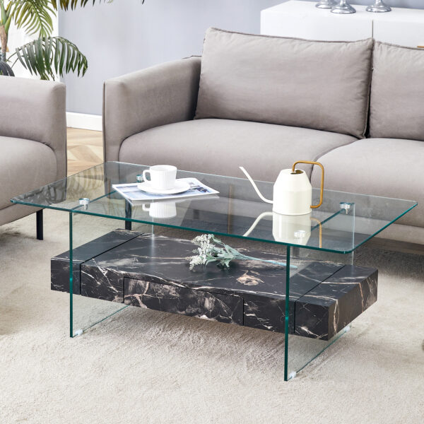 87a6666d4c77421ba3f086623bb2837f_5e32a3b82eea20931b3e054d0bb49485 43.3 Inch Modern Two-Tier Coffee Table - Clear Tempered Glass and Black Marble Texture, Multifunctional Storage Design.The bottom tier includes a drawer.Can be used as a coffee table,side table,etc.