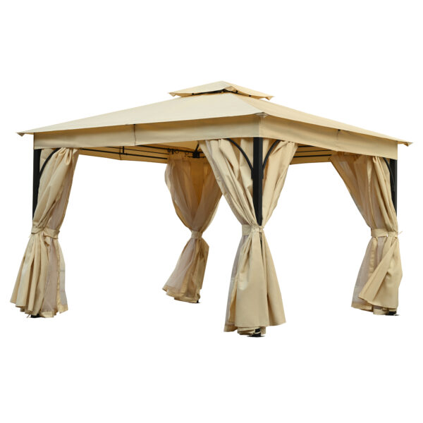TREXM 10x12 Outdoor Gazebo Tent with Double Roofs, Patio Gazebo with Mosquito Netting and Privacy Screens, Patio Canopy for Shade and Rain for Backyard, Garden, Lawn and Deck (Beige)