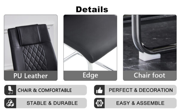 87c037b84dc1467fa7911d1f458a0807_f401020dd049e1eb7197f0366f42523a Table and chair set.Modern Luxurious white Marble-Patterned Tempered Glass Dining Table with 6 Chairs.Single fork silver metal table legs.Black high-quality PU dining chairs with silver metal legs.